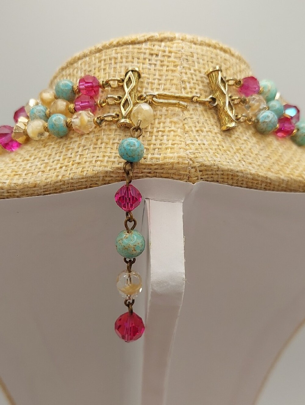 HATTIE CARNEGIE 3-Strand Vtg Blue Ceramic, AB Fuchsia Glass Choker Necklace MCM - Picture 6 of 16